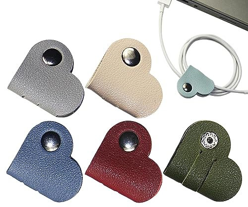 Anloximt 5 Earphone Cord Organiser Heart - Leather Cable Management Storage Straps - Earphones Headphones Cable Winder Earbud Organizer | for USB Cable Headphone Wires, Short Straps