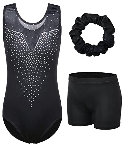 BAOHULU Leotards for Girls Gymnastics Long Sleeve Embroidery Shiny Black Diamond Dance Clothes