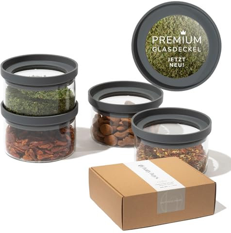 HATTY HAYS Vorratsgläser mit Deckel Set [4x 160ml] aus Glas & Silikon | Gewürzgläser stapelbar, luftdicht, mottensicher, BPA-frei | Vorratsdosen mit Deckel transparent Küche & Waschmittel Aufbewahrung