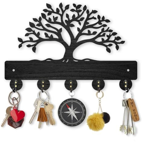 MAYJOYDIY Appendiabiti da parete con albero della vita, 30 × 20 cm, portachiavi con albero lussureggiante, in legno, nero, 5 ganci in lega, per decorazione artistica da parete, ingresso, porta