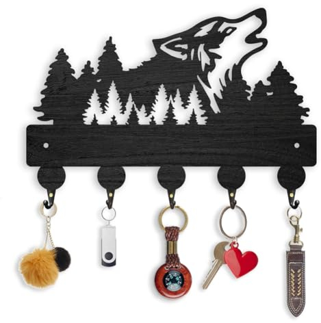 ORIGACH Schwarzwald und Wolf Schlüsselhalter Holz für die Wand 30×16.9cm Holz-Schlüsselhalter mit 5 Metallhaken Wandmontierte Wolfs-Schlüsselhaken für die Haustür Küche Eingangsbereich Flur