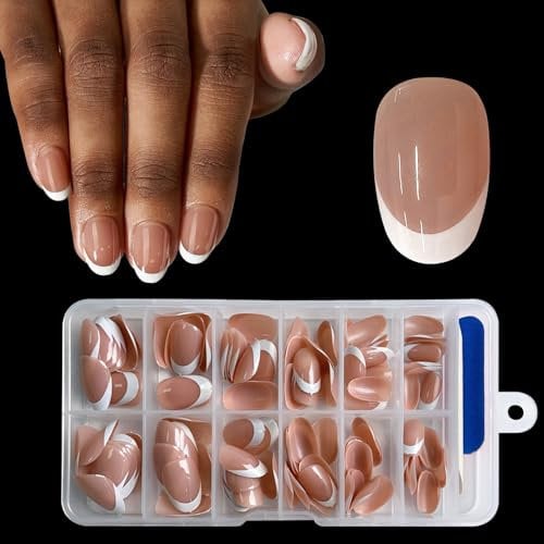 Faux Ongles Français, 120Pcs Court Amande Façonné French Press on Nails, Faux Ongles à Courts, ZAHRVIA Flase Nail Français X-Coat Tips Avec Pré-appliqué DIY Nail Art (Deep Arc Short Round-Dark Nude)