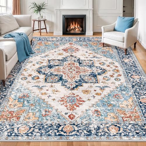 SERISSA Boho-Teppich, waschbar, Vintage, groß, Wohnzimmerteppich, rutschfest, ultraweich, orientalischer Druck, Used-Look, Landhausstil, blau-orange, Teppich für Esszimmer, Schlafzimmer, Schlafsaal,