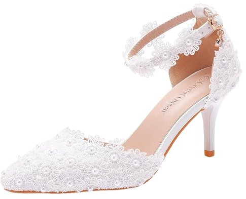 Jamron Donna Elegante Tacco a Spillo Décolleté a Punta con Cinturino alla Caviglia Pizzo Perle Scarpe da Sposa Bianco SN0703212-1 EU38.5
