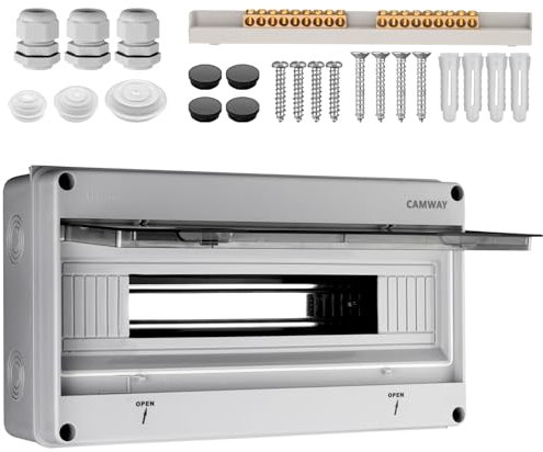 CAMWAY Sicherungskasten Aufputz 1-Reihig 18 Module, Verteilerkasten Aufputz IP65 Waterproof, Verteilerkasten mit umlaufender Dichtung und Messingklemmen,Sicherungskasten für Garten oder Außenbereichen