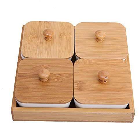 Ceramic Appetizer Serving Plate with Bamboo Tray Cover for Fruits Nuts Desserts Ceramic Snack Serving Tray Compartment Serving Platter with Lid for Appetizer Condiments(Four compartments with lid)