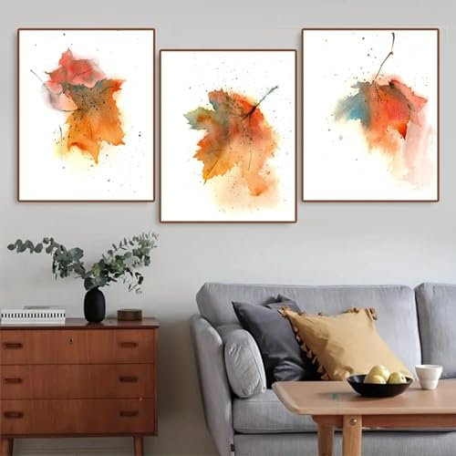 JACBON Modernes Herbst-Ahornblatt, dreiteiliges Canva-Gemälde, Aquarell-Wandkunst, Dekor-Poster für Wohnzimmer, Zuhause und Galerie, Geschenk, 20 x 30 x 3 cm, rahmenlos
