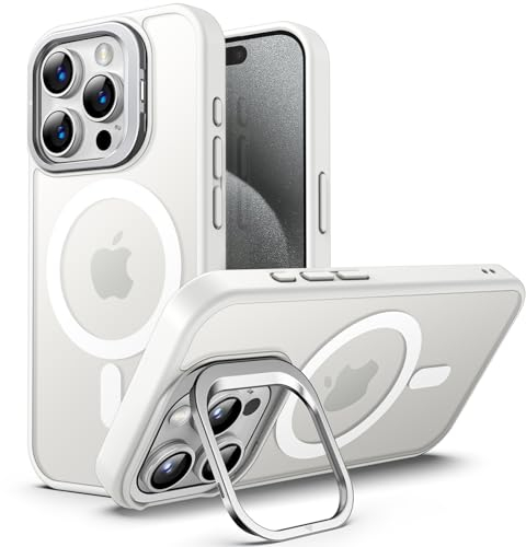 JETech Kickstand Case for iPhone 15 Pro Max 6.7-Inch Compatible with MagSafe, Built-in Adjustable Camera Stand, Translucent Matte Magnetic Back Slim Shockproof Phone Cover (White Titanium)