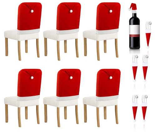 RichDeer 6PCS Stuhlhussen Weihnachten Set, Weihnachtsdekoration Weihnachtsstuhlbezug mit 6 Weihnachtsmütze, Stuhlbezug Stuhl Abdeckung Stuhlabdeckung für Neujahr Weihnachtsfeier