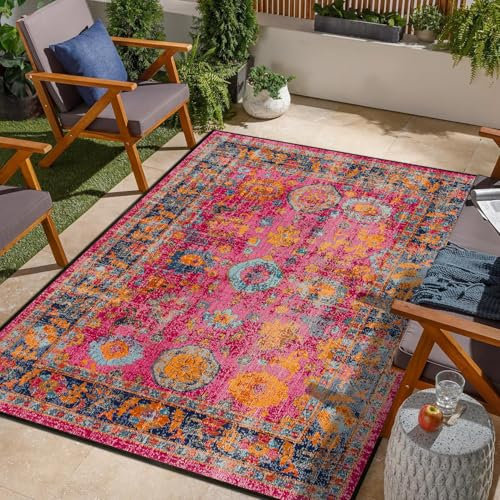 Jiyuhang Teppiche fürs Wohnzimmer, 200 x 300 cm, Teppich im Vintage-Design im Used-Look, Mehrfarbig, rosa, orange, gelb, Blaue Blumen, weicher großer Teppich für Schlafzimmer, Besprechungszimmer