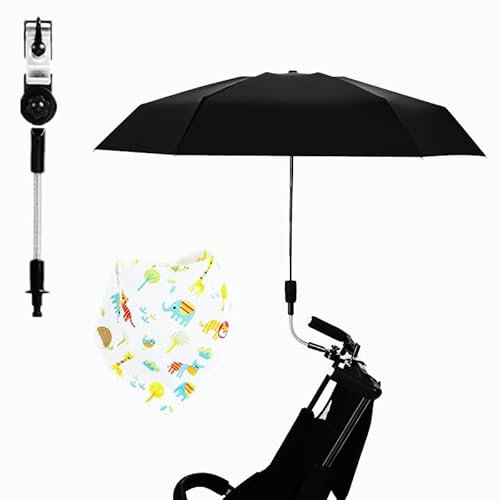 Sombrilla Carro Bebe Universal,Protección Solar para Bebés,Anti 50+ UV,Sombrilla Lluvia para Carrito,Diamétro 90 cm,con Ajustable 360° Manija de Paraguas,1 Babero de Bebé-Negro