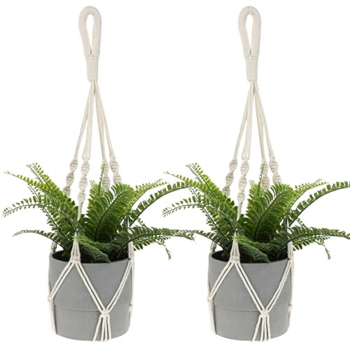 Jeffdad 2 cestas colgantes de macramé, cuerda de algodón para macetas colgantes, decoración bohemia, beige, para colgar en interiores, exteriores, jardín, salón, balcón, ventana, balcones, decoración