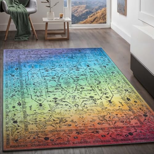 Taracarpet Teppich Kurzflorteppich, Wohnzimmerteppich, Orientteppich aus Polyester n Regenbogenfarben absolut Modern fürs Wohnzimmer Schlafzimmer Kinderzimmer Oriental Multi 120x170 cm
