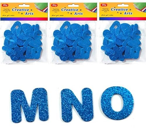 3 Set Glitter Foam Letters Stickers for Crafts - EVA Alphabet A-Z in Blue, Self-Adhesive for DIY Decoration