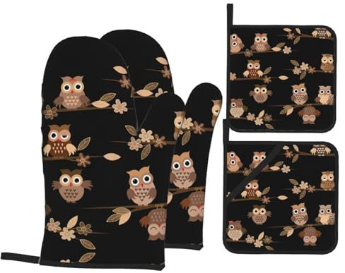Ofenhandschuhe mit Topflappen, Motiv: niedliche braune Cartoon-Eulen, 4 Stück, hitzebeständig, Ofenhandschuhe, Geschenk für Familie