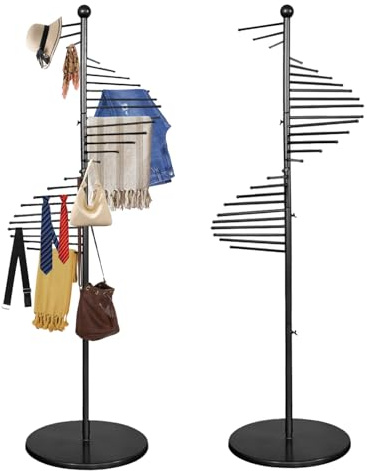 simdennr Soporte para bufandas de pie, expositor comercial, organizador de metal en espiral con 30 barras para colgar bufandas, corbatas, cinturones, pantalones, 170 cm x 42 cm (negro)