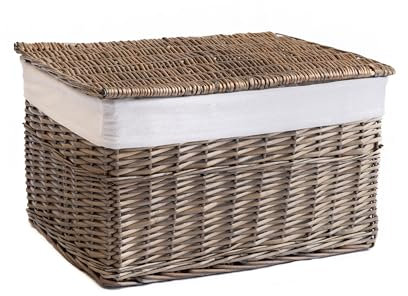 Arthur Cameron - Lined Wicker Hamper with Removable Lid & Cotton Lining - Perfect for Bathroom, Living Room or Bedroom Storage - Storage Basket with Lid, Large Storage Box (Antique Wash, Large)
