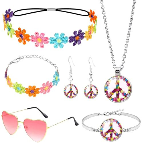 6 Stück Hippie Kostüm Zubehör, Vintage 70er Jahre Flower Power Accessoires mit Gänseblümchen Kopfschmuck Liebesbrille Peace Kette Ohrringe Armband für Damen Fasching Karneval Party(Gänseblümchen)