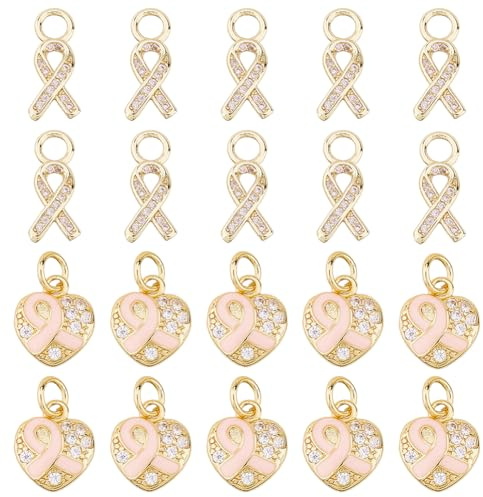 Hobbspring 20 Stück 2 Stile Ribbon Awareness Charm 18 Karat Vergoldet Hope Ribbon Anhänger Charms Messing Zirkonia Charms Mit Biegeringen Für Armband Halskette Schmuckherstellung