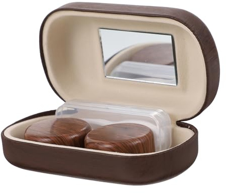 COMPUKAS Vintage Brown Leather Lined Lens Case with Large Diameter, Leak-Proof and Easy to Carry, Portable Contact Lens Holder with Clip and Small Mirror for Travel and Everyday Use