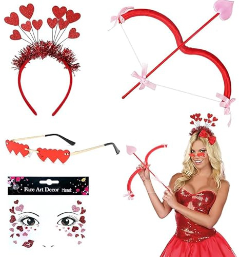 Mailfull Amor Kostüm Accessoires mit Glitzer Haarreif Herzbrille Amor Pfeil Und Bogen Herz Gesichttattoos für Karneval Valentinstag Hochzeit Party Cosplay