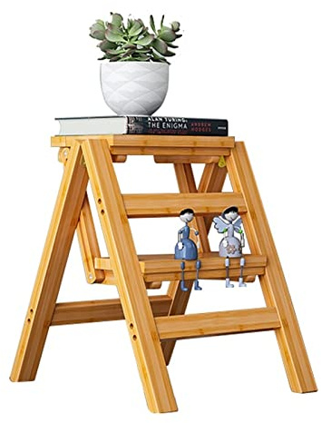 LVSEWOA Silla Escalera de Madera, Taburete Plegable de 2 peldaños para el hogar, la Cocina o la Biblioteca. Taburete Plegable Multifuncional con Soporte para Escalera móvil.