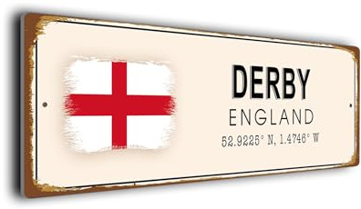 Derby-Straßenschild, Vintage-Stil, England-Schilder, englische Flagge und Stadt-GPS-Koordinaten-Plakette, UV-geschützt und lichtbeständig