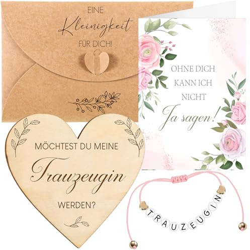 Neer Trauzeugin Armband Brautjungfer Fragen Geschenk Hochzeit Schmuck, Rosa | Willst du Meine Trauzeugin Sein Karte mit Umschläge, Holz Herz Anhänger, JGA Geschenkidee für Beste Trauzeugin Maid of Honor
