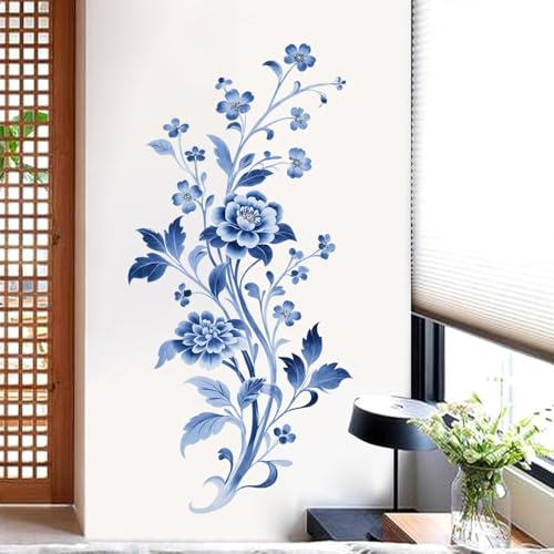 COVPAW Wandtattoo Blau Pfingstrose Blumen, Wandaufkleber Rose Wohnzimmer Schlafzimmer Küche Kinderzimmer, 28x58cm Wanddeko Wandsticker (Blau)