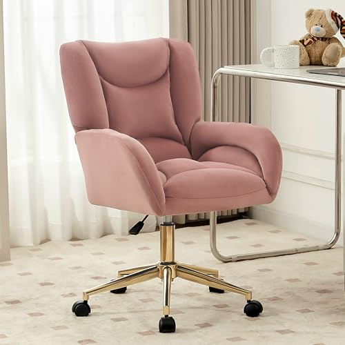 DEKKETO Chaise de Bureau Velours - Fauteuil Pivotant 360° Confortable avec roulettes Silencieuses, Hauteur Réglable, Chaise de Coiffeuse Moderne, pour Bureau/Chambre/Télétravail, Rose