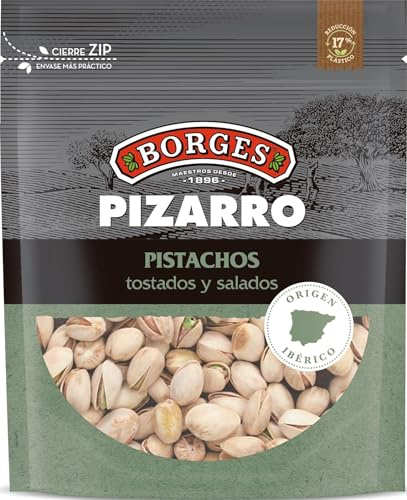 Borges - Pistachos Tostados y Salados Borges Fincas Pizarro - Alto contenido en vitamina B6 y E. Ricos en Magnesio, Hierro y Calcio - Frutos Secos Sin Gluten - Paquete de 780 gramos.