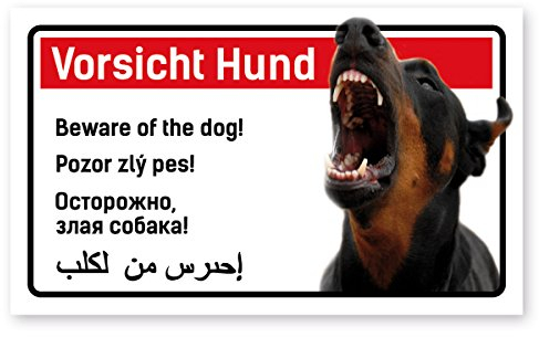 Vorsicht Hund Schild 5-sprachig 25x15cm Kampfhund Dobermann