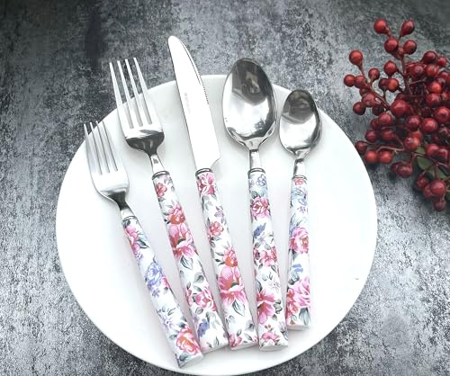Juego de cubiertos de acero inoxidable para 4 cubiertos con diseño de flores de peonía y mango de plástico