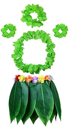 HANGNUO 5 PCS Hula Skirt Hawaiian Costume Set with Green Leaves Necklace Bracelets Headband, Luau Party Favors for Adults Women and Men