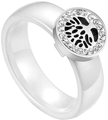 Flongo Herrenring Männer Damen Ring Daumenring, Edelstahl Keramik Porzellan Ring Bandring Siegelring Weiß Silber Baum des Lebens Tree of Life Glücklich Frauen Herren-Accessoires Größe 59