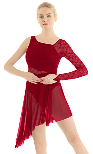 iEFiEL Damen Ballettkleid Ballettanzug mit Asymmetrisch Rock Swing Kleid Spitzen Ballett Trikot Lyrischer Tanzkleid Burgundy S