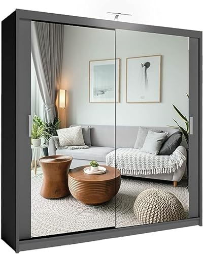 SLIDING WARDROBE 4U Double Mirror Sliding Door Wardrobe with LED LIGHT 90/120/150/180/203 (Grey, 203cm)