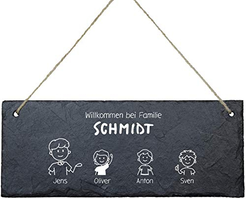 Geschenke 24 Schiefertafel Willkommen im Comic Stil (4 Figuren) - Türschild Familie Eingangstür Haustür - Schiefertafel mit Gravur - Schieferplatte personalisiert, Wanddeko