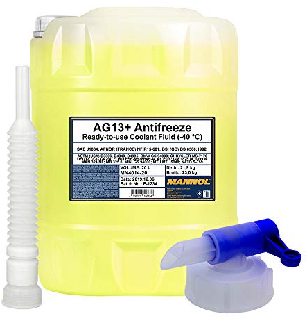 MANNOL 20 Liter, AG13+ -40 FROSTSCHUTZ FERTIGMISCHUNG GELB + HAHN + Schlauch