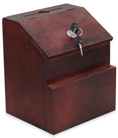Flexzion Wooden Lockable Suggestion Box with Key Lock Lid, Red Mahogany Wall Mounted or Free Standing Locked Ballot Prayer Donation Comment Cash Tip Money Drop Box Includes Hardware, 2 Keys