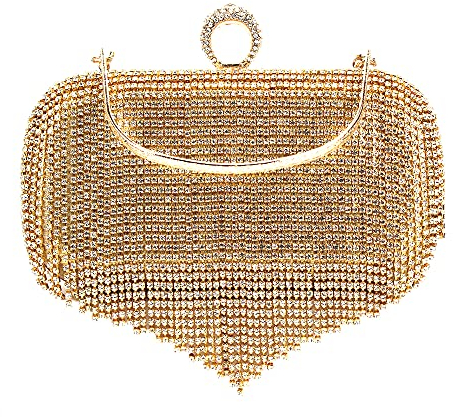 MEGAUK Damen Glitzer Clutch Kristall Fransen Abendtasche Unterarmtasche mit Abnehmbare Kette für Hochzeit Wedding Ball Bankett Prom Party, Gold