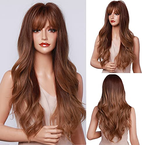 Esmee 24 Zoll lange honigbraune Ombre-Perücke mit Pony für Frauen synthetische Perücken natürliche Welle hitzebeständige Haarperücken für tägliche Party Cosplay