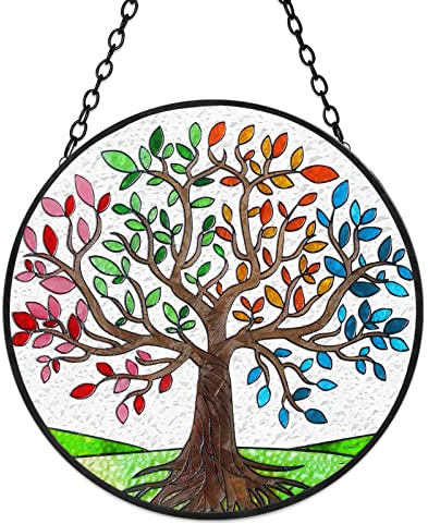 Tuitessine Arbre de vie en vitrail attrape-soleil sur le thème des quatre saisons - Feuilles colorées - Décoration murale à suspendre - Panneau de verre peint à la main - Cadeau pour femme - Cadeau de