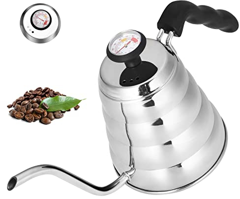 MAXCOOK Teekessel Schwanenhals zum Übergießen von Kaffeekessel, 1 l, Edelstahlkessel mit Thermometer für genaue Temperatur, präziser Ausgießer, kompatibel mit allen Herden