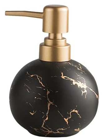Gold Soap Dispenser for Bathroom or Kitchen, Cute Marble Round Ceramic Lotion Bottle, Rust-Free Pump(Black)