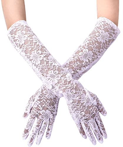 KINBOM Long Lace Gloves, Flower Pattern Bridal Gloves for Wedding Floral Lace Gloves for Women Tea Party 1920s Costumes Prom Masquerade, One Pair, Length 17.3inch (White)
