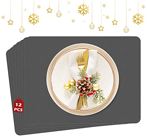 MORROLS Tischsets 12er Set,Tischsets Abwaschbar, Tischset Leder Abwischbar Lederoptik Kunstleder Wasserdicht PVC Platzset, Platzdeckchen für Küche Speisetisch, 42x30cm(Dunkelgrau)