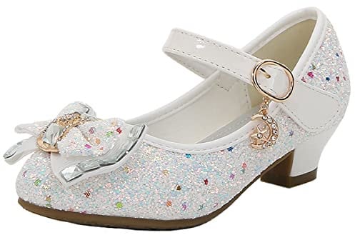 mama stadt Prinzessin Schuhe Mädchen Glitzer Schuhe Kinder Stöckelschuhe Mädchen Pailletten Prinzessin Cosplay Schuhe Partys Hochzeiten Klett Sandalen Elegante Mädchen Schuhe mit Absatz, Weiß/ 34