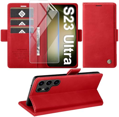 Handyhülle für Samsung Galaxy S23 Ultra 5G Hülle mit Schutzfolie, Standfunktion Kartenfach Wallet Premium Leder Schutzhülle S23 Ultra Flip Case Cover Stoßfeste Klapphülle S23 Ultra 6.8 Zoll (Rot)