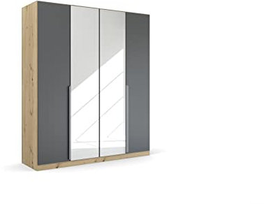 Rauch Möbel Dark & Wood by Quadra Spin Schrank Drehtürenschrank, Grau metallic/Eiche Artisan, Schwarz, Holz, 4-trg. mit Spiegel, inkl. 2 Kleiderstangen, 2 Einlegeböden, BxHxT 181x210x54 cm